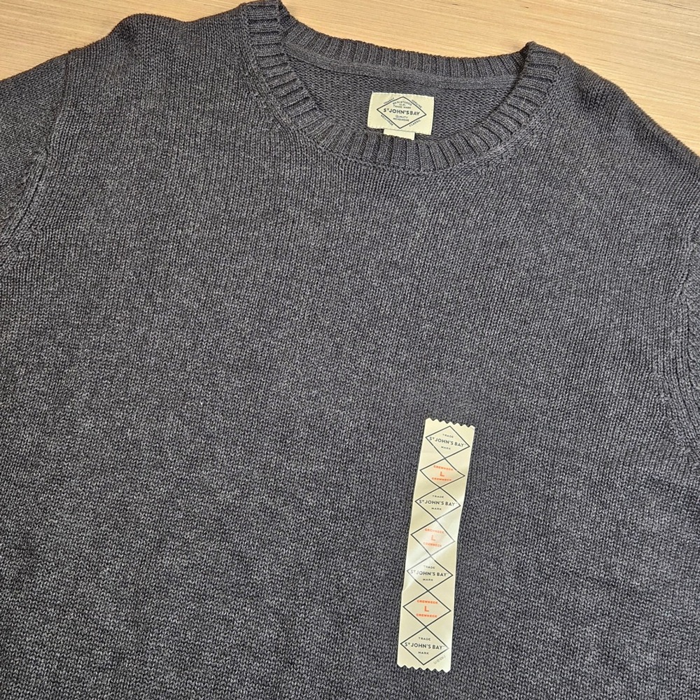 St. John's Bay Sweater Mens L Dark Charcoal Heather Cotton Crewneck NEW